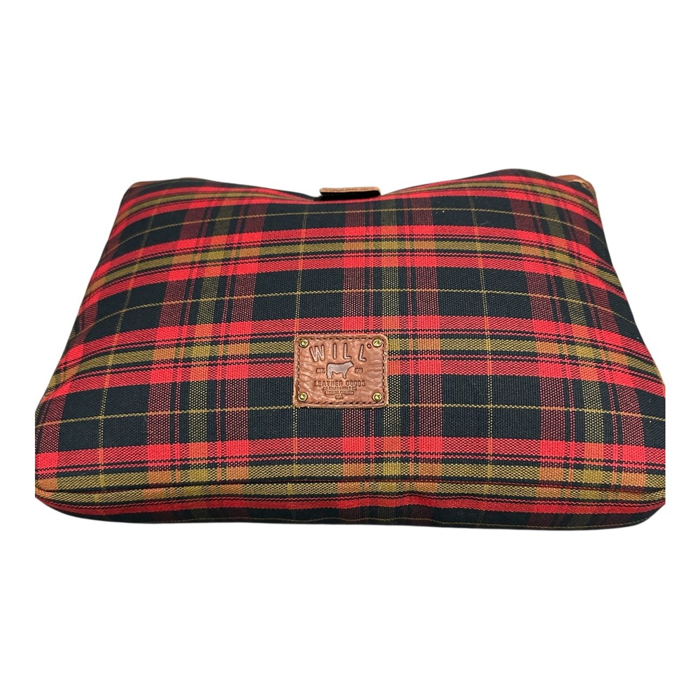 Will Leather Goods Red Plaid Tartan Throw Pillow & Bag Leather Logo Patch 14x10